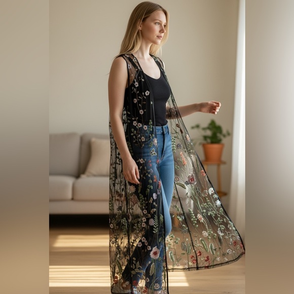 E. Luna Jackets & Blazers - Black Sheer Embroidered Tulle Mesh Long Duster Floral Open Front Topper Vest